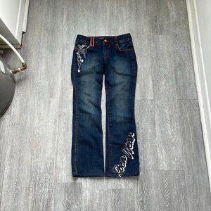 Navy Blue Faded Vintage Rocawear Low-Rise Embroidered Denim Jeans